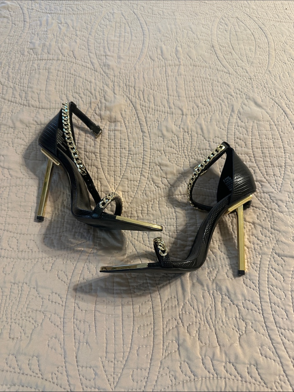Jennifer Lopez Black Stiletto Sandals with Gold Accents